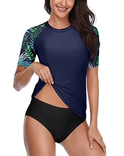 Short Sleeve Women's Upf 50+ Spf Rash Guard Set With Bikini Bottom-Blue Leaf