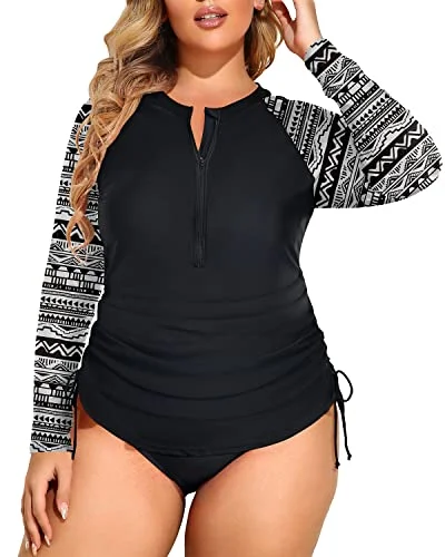 Long Sleeve Upf 50+ Rash Guard Plus Size Zipper Swim Shirt With Bottom-Black And White Snake Print