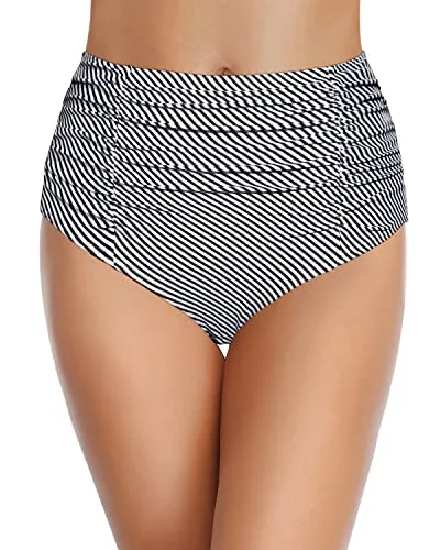 High Waisted Bikini Bottom Ruched Tummy Control Vintage Swimsuit Bottom-Black And White Stripe