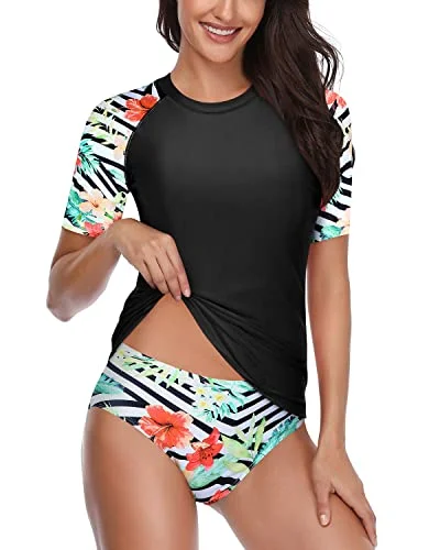 Uv Resistant Women's Rash Guard Set With Bikini Bottom For Sun Protection-Black And Striped Leaves