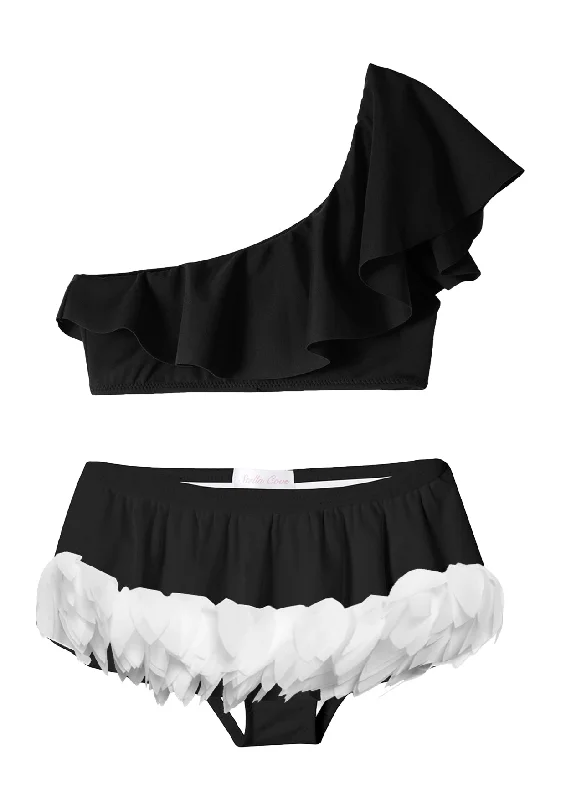 Black One Shoulder Top & Skirt Petal Bottom Bikini