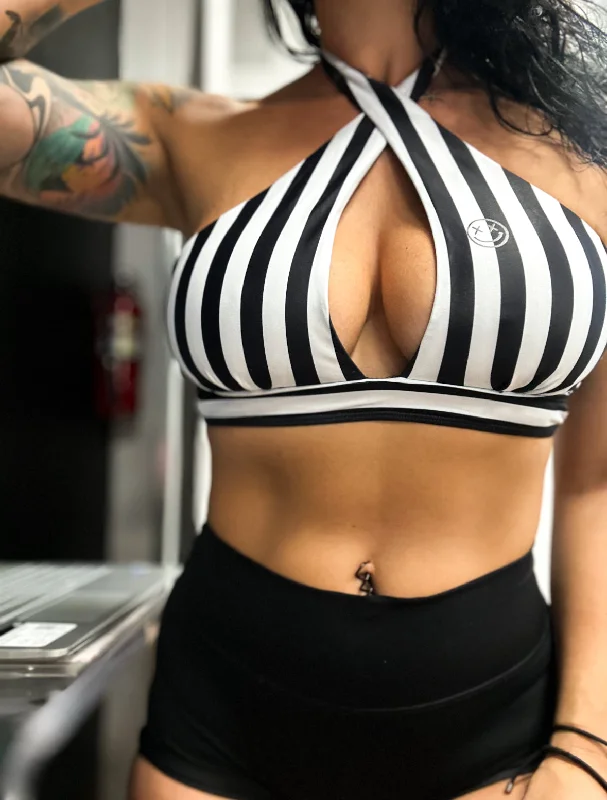 Salty Savage Ladies “OG Smile” Crossover Striped Bikini Top | Black/White