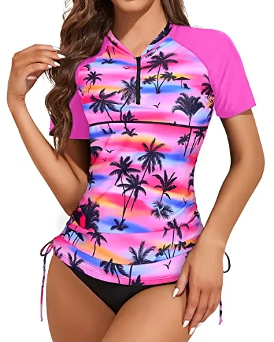 Women's Short Sleeve Swim Shirt And Bottom Rash Guard Set-Pink Palm