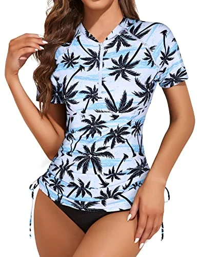 Women's Short Sleeve Swim Shirt With Built In Bra And Bottom-Black Palm Tree