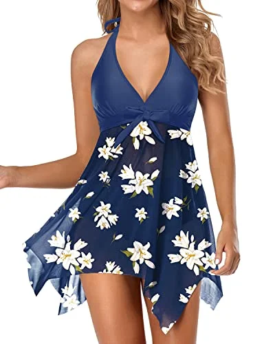 V Neck Swimsuit With Flowy Dress And High Waisted Bottoms-Blue White