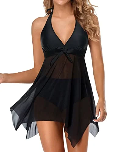 Mesh Bathing Suit Dress With High Waist Bikini Bottoms For Women-Black