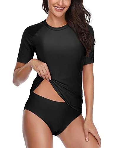 Short Sleeve Women's Rash Guard Set With Bikini Bottom Upf 50+ Spf-Black