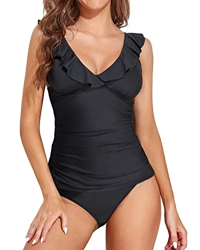 Ruffle V Neck Tankini Bathing Suit With Mid Waisted Bikini Bottom-Black