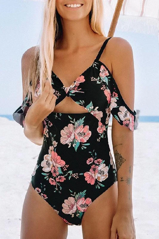 Cold Shoulder Floral Print One Piece Swimwear