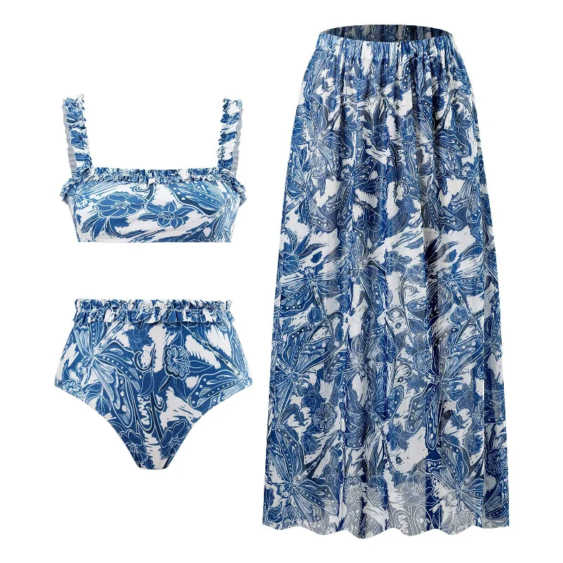 Floral Blue Straight Neck High Waisted Swim Wear With Flare Skirt By Sinderella