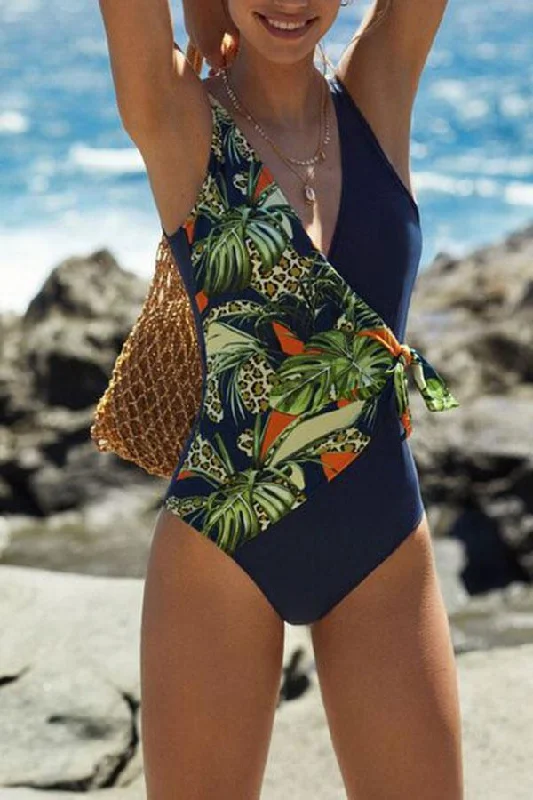 Leaf Print Elegant V Neck Piece Swimwear