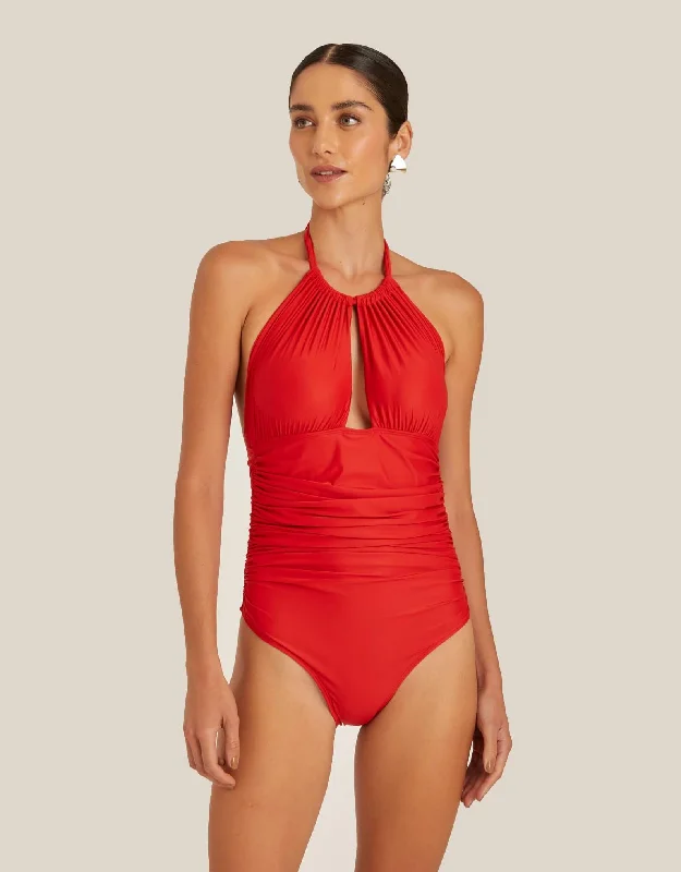 Ruched Adjustable Halter One Piece Paprika