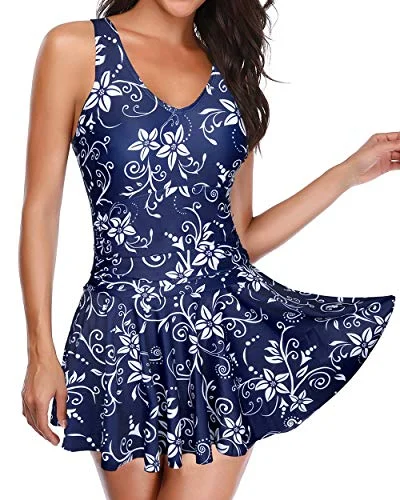 Modest And Elegant One Piece Swimdress Skirt For Women-Navy Blue Floral