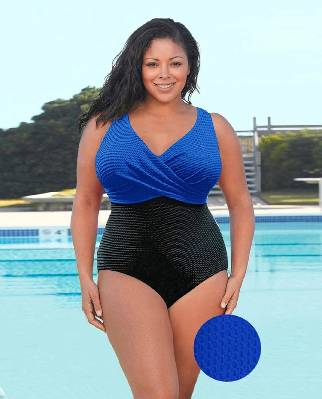 CHLORINE RESISTANT AQUAMORE COLOR BLOCK TEXTURED TWIST FRONT PLUS SIZE SWIMSUIT