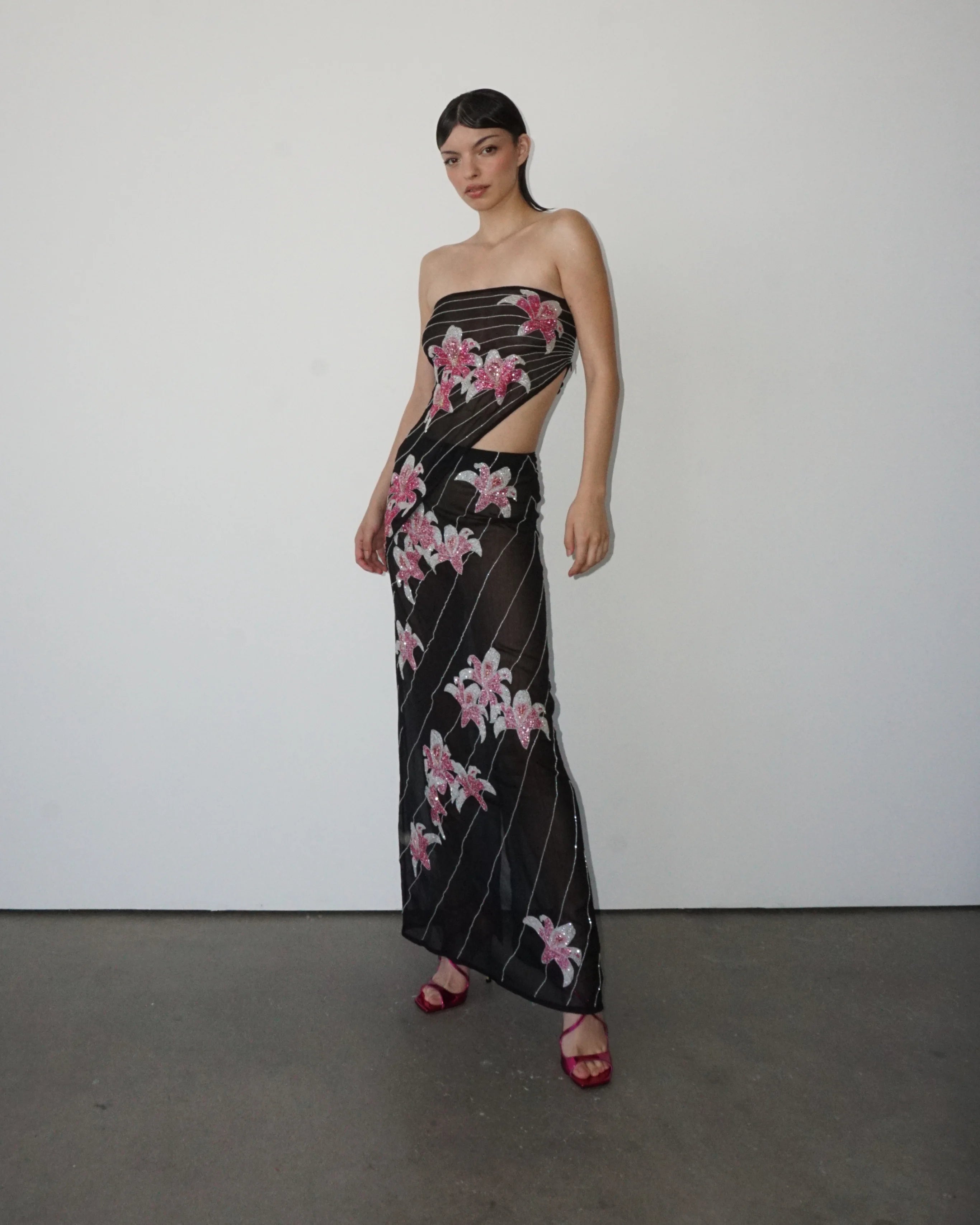 TIA Floral Embellished Georgette Black/Pink Maxi Skirt