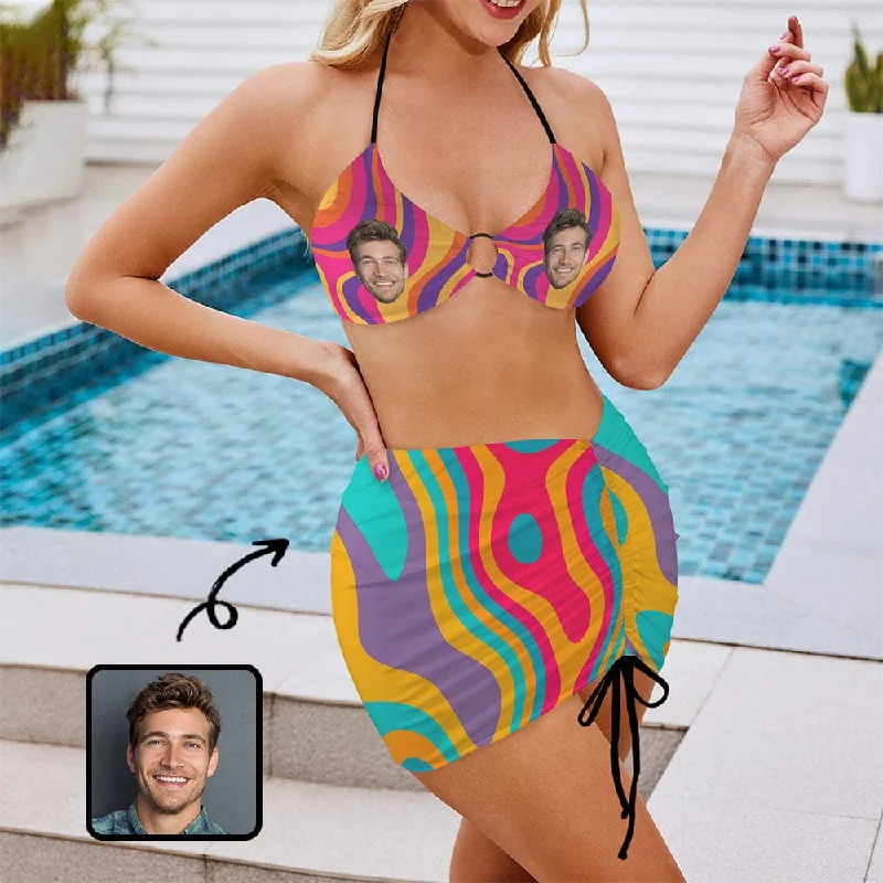 Custom Face Colorful Bikini Set Personalized Women's Drawstring Halterneck Three-Piece Swimsuit Skirt