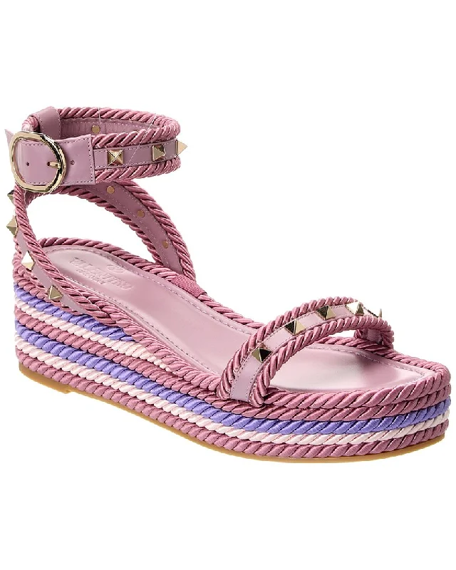 Valentino Rockstud 45 Rope & Leather Wedge Sandal