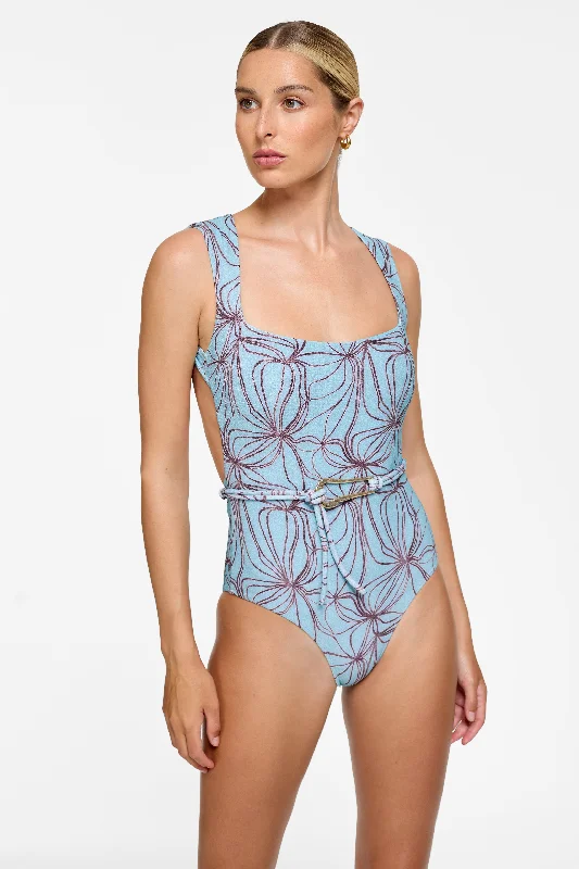 Grace One Piece - Denim Flower Lines