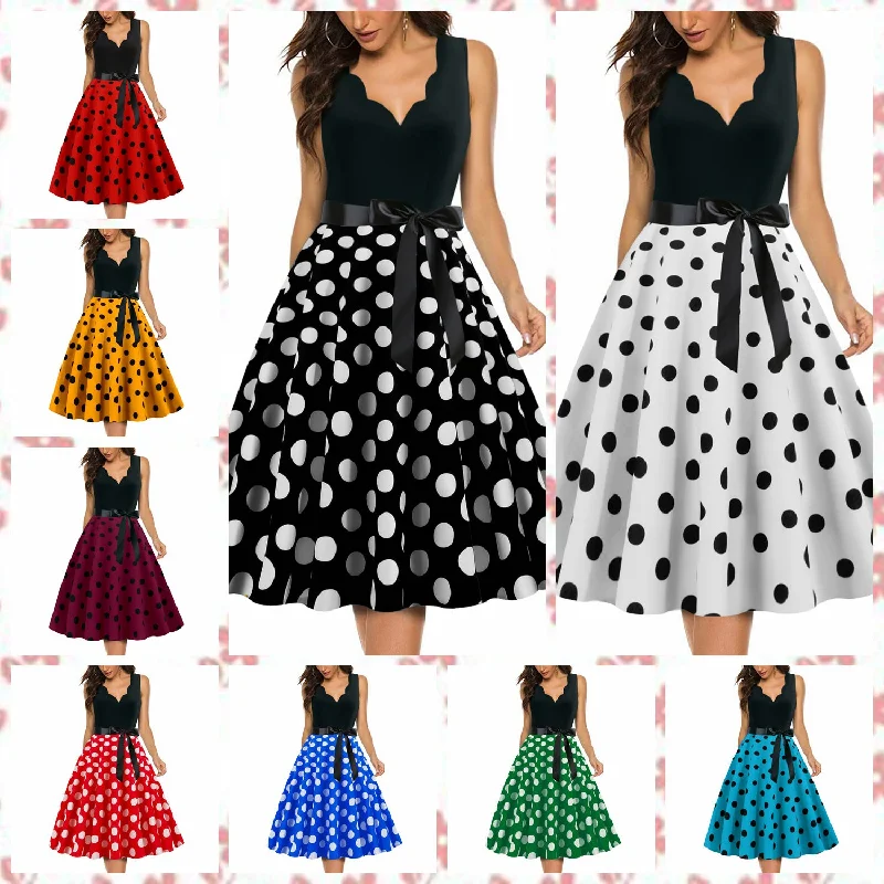 A-Z Women's New Wave Short Sleeve Wave Dotted Mid length Large Swing Skirt