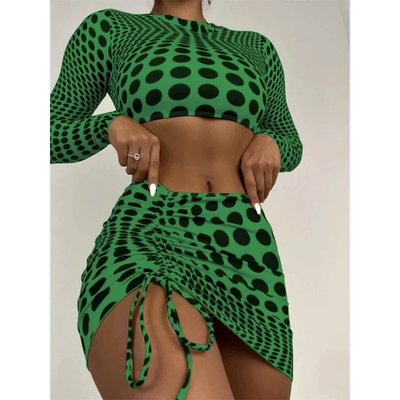 Women's Sexy Dot Printed Pleated Skirt Long Sleeve Top 3 Pieces Swimwear