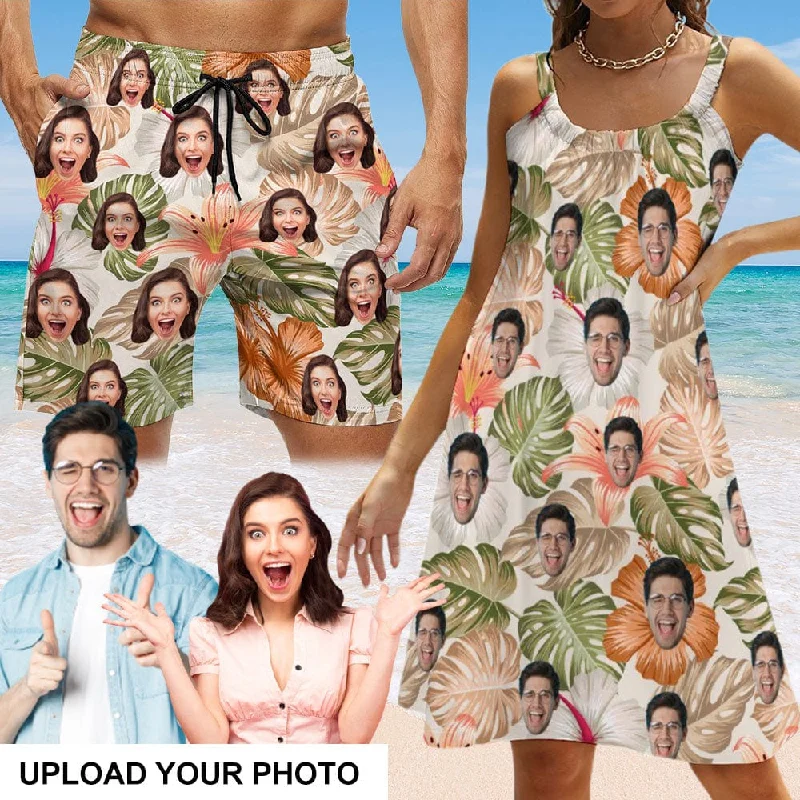 Custom Face Tropical Leaves Couple Swim Shorts&Dress Men's Swim Trunks Women's Beach Sling Skirt