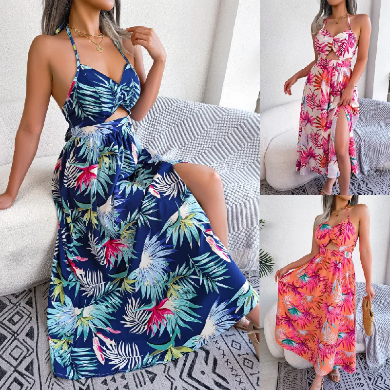 Women's New Style Flower Sleeveless Hollow Out Suspender Dress Holiday Beach Skirt