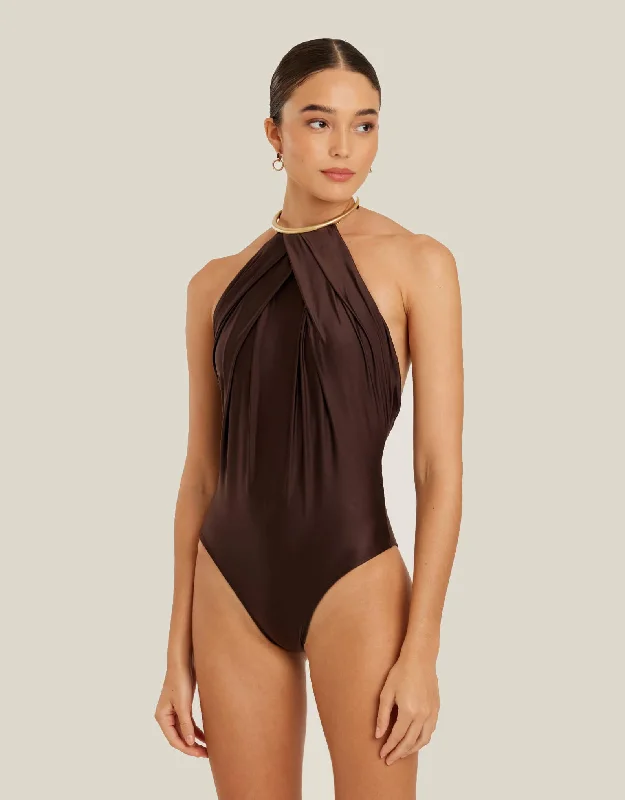 Collar One Piece Swimsuit Coffee