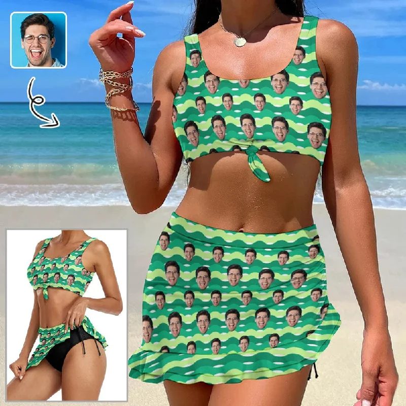 Custom Face Green Bikini Set Personalized Drawstring Chest Strap Bikini Skirt