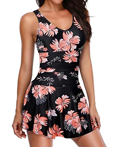 Elegant Tummy Control One Piece Swimsuit Skirt For Women-Black Orange Floral