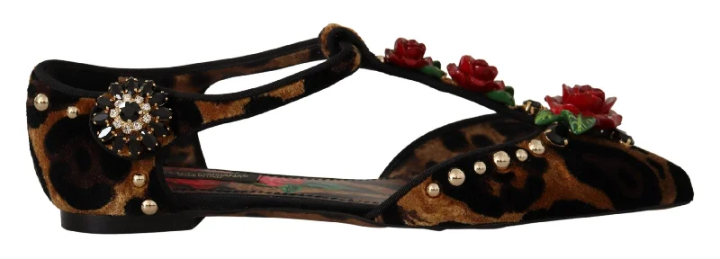 Dolce & Gabbana Floral Embellished Leopard T-Strap Women's Sandals